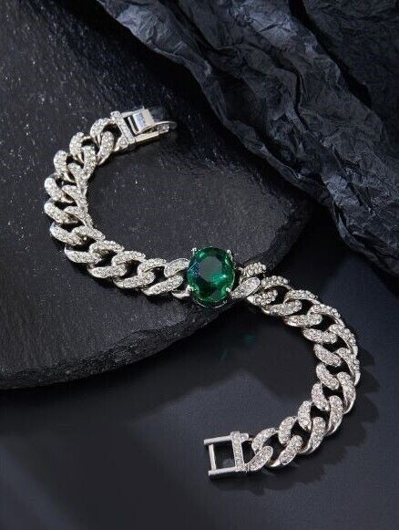 14K White Gold Plated Iced Cubic Zirconia Emerald Cuban Link Men Women Bracelet